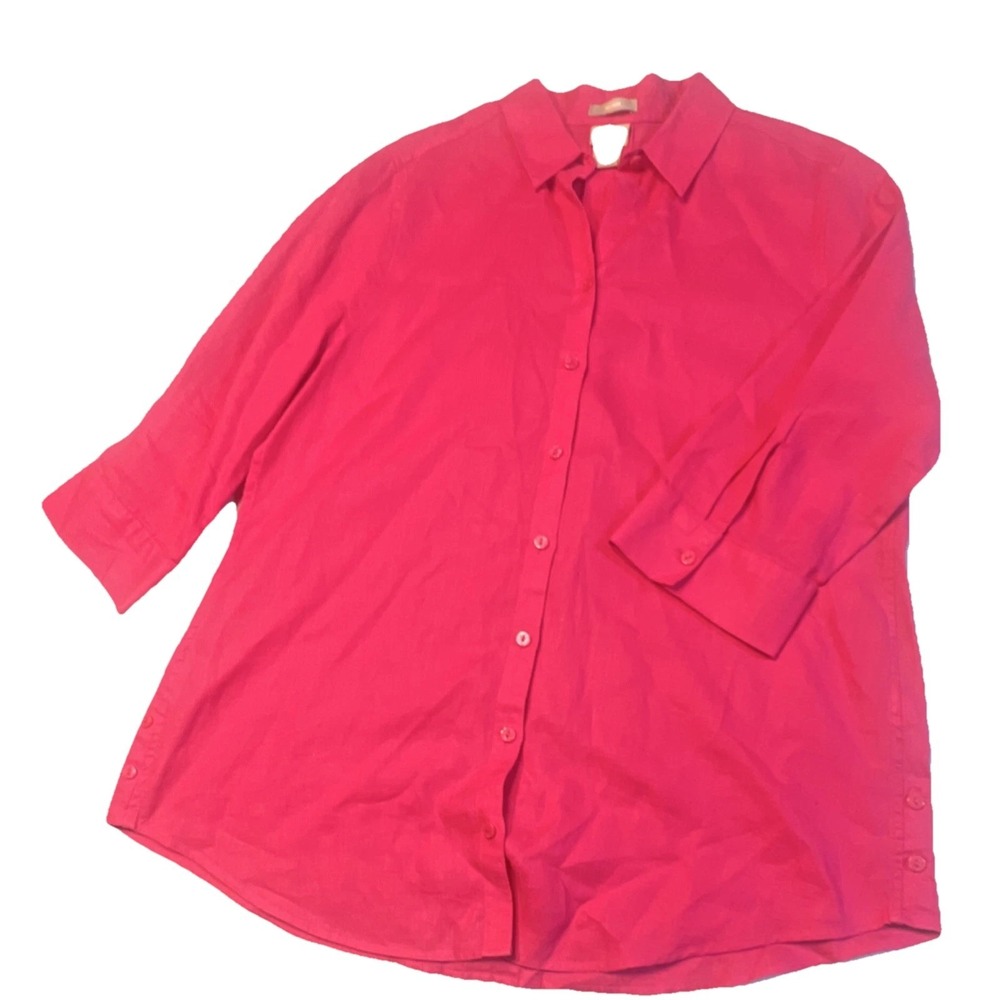 Chicos Pink No Iron 100% Linen Button Down Shirt 3/4 Sleeve Blouse Size 1 M 8-10